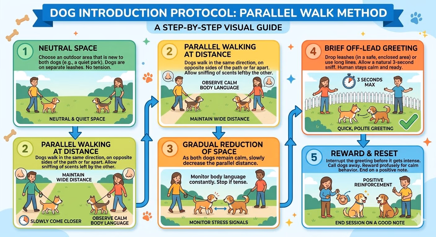 Step-by-step diagram showing safe dog introduction process for Corgi puppy socialisation"