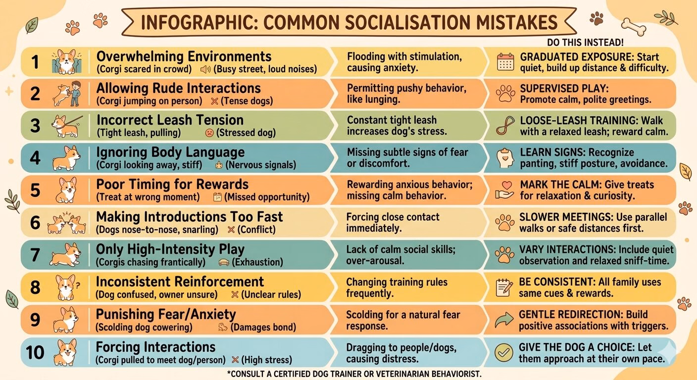 Illustrated list of ten common Corgi socialisation mistakes with corrective actions for owners