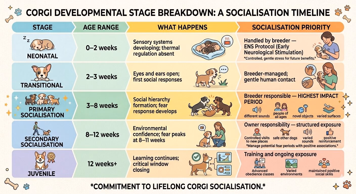 The primary socialisation window runs from approximately 3 to 12 weeks of age.