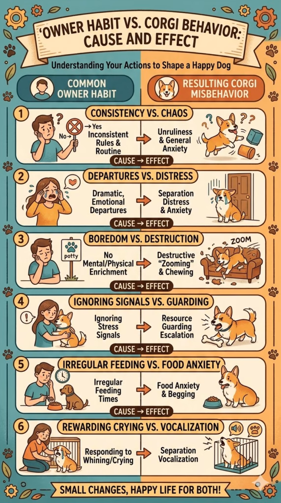 Comparison chart pairing common corgi owner habits with resulting misbehaviors across six behavior categories