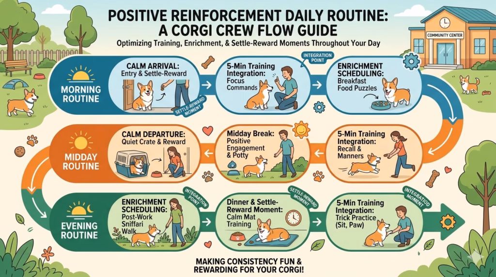 Daily positive reinforcement routine flow chart for corgi owners showing training integration through the day