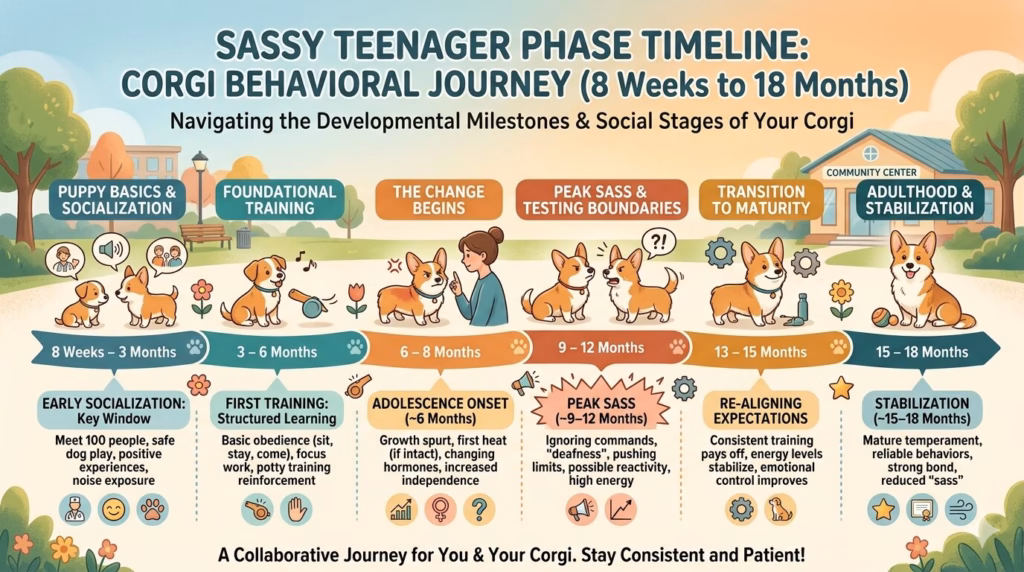 Corgi behavioral development timeline from puppyhood through adolescence to 18 months showing sassy teenager phase