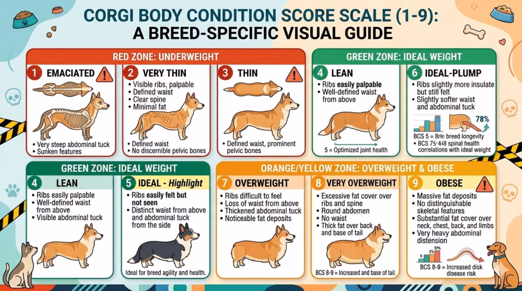 Corgi body condition score chart showing ideal weight range versus underweight and overweight
