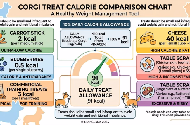 Corgi Nutrition and Feeding . Guide. Treat calorie comparison chart for Corgis showing common treat options against daily 10 percent allowance