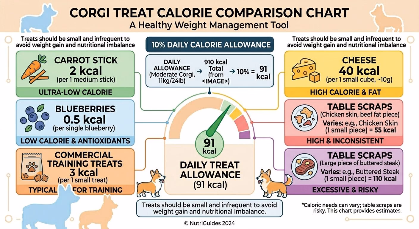 Corgi Nutrition and Feeding . Guide. Treat calorie comparison chart for Corgis showing common treat options against daily 10 percent allowance