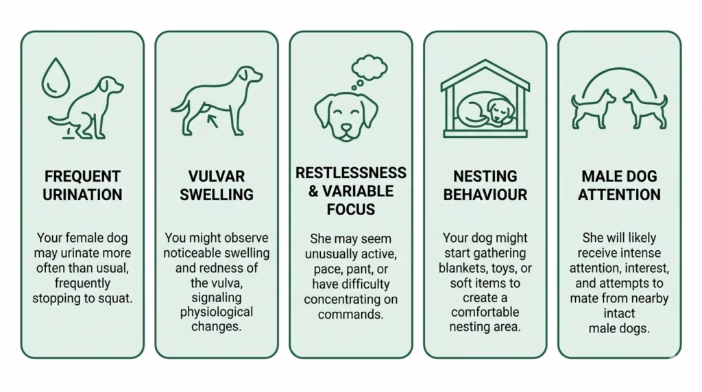 Female Dog's First Heat Cycle. Five-panel icon grid infographic showing the pre-cycle warning signs of an approaching first heat in female dogs: increased urination, vulvar swelling, restlessness and variable focus, nesting behaviour, and heightened attention from intact males.