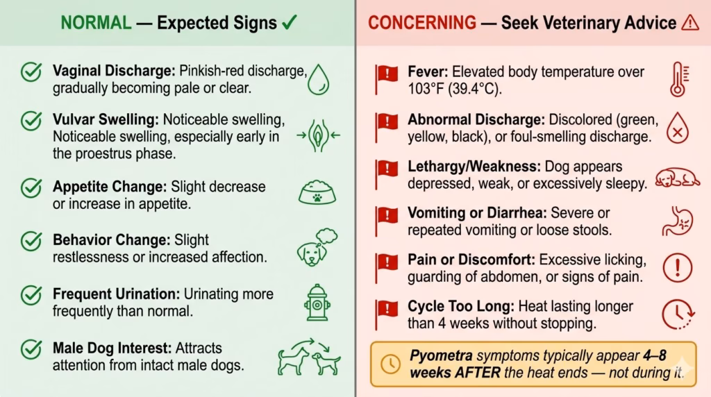 "Two-column comparison infographic contrasting normal expected signs during a female dog's first heat cycle on the left with concerning signs requiring veterinary attention on the right, including a note that pyometra symptoms typically appear four to eight weeks after the heat ends