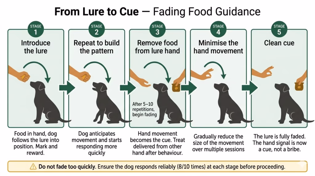 Building a Lifelong Bond & Leadership. A horizontal five-step infographic illustrating the process of fading a food lure into a hand-signal cue. Each step shows a human hand and dog silhouette: step one shows the hand holding a visible treat guiding the dog into position; steps two through five progressively remove the food from the lure hand, shrink the hand movement, and transition to a clean compact signal while the treat is delivered separately after the behaviour.