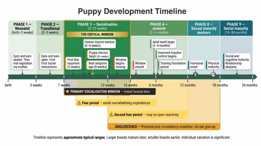 Building a Lifelong Bond & Leadership. A wide horizontal timeline infographic spanning birth to 24 months of age in a puppy's development. Key phases are colour-coded and labelled: neonatal, transitional, socialisation window highlighted in bold green, juvenile, and social maturity. Two yellow bands beneath the timeline mark the first and second fear periods. An amber band spanning 6 to 18 months marks the adolescence phase. Critical events including the primary socialisation window, adoption age, and maturity milestones are annotated with short labels and icons