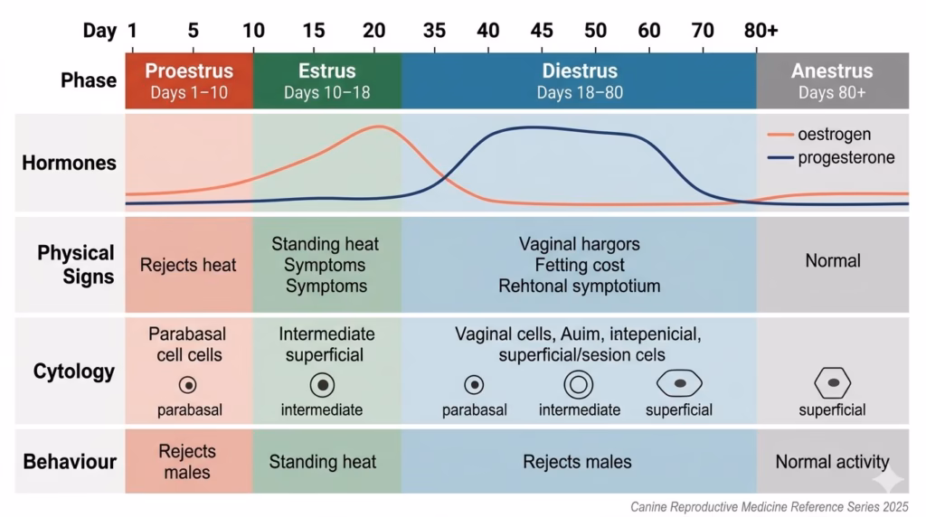 Heat Cycle and Ovulation. Horizontal infographic matrix showing the four phases of the canine estrous cycle across a 21-day timeline, with colour-coded phase segments and stacked rows depicting hormonal changes, physical signs, vaginal cytology cell types, and female behaviour for each phase