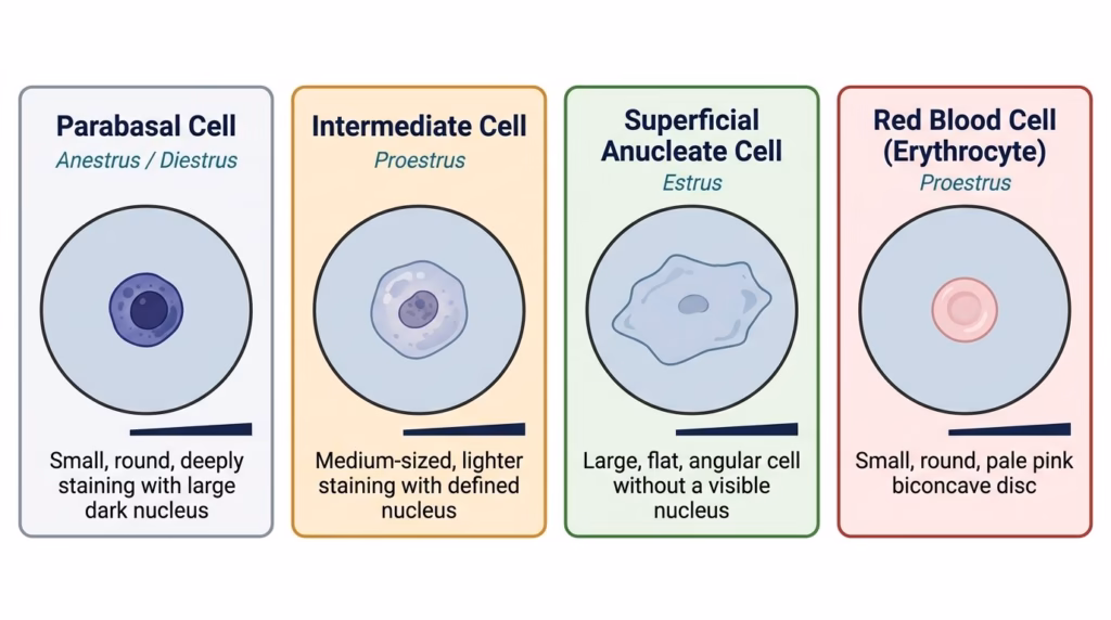Heat Cycle and Ovulation . Four-panel illustrated reference guide showing the microscopic appearance of the four vaginal cytology cell types in the canine estrous cycle: parabasal cells (small, round, large nucleus), intermediate cells (medium, defined nucleus), superficial anucleate cells (large, flat, no nucleus), and red blood cells (small biconcave discs).