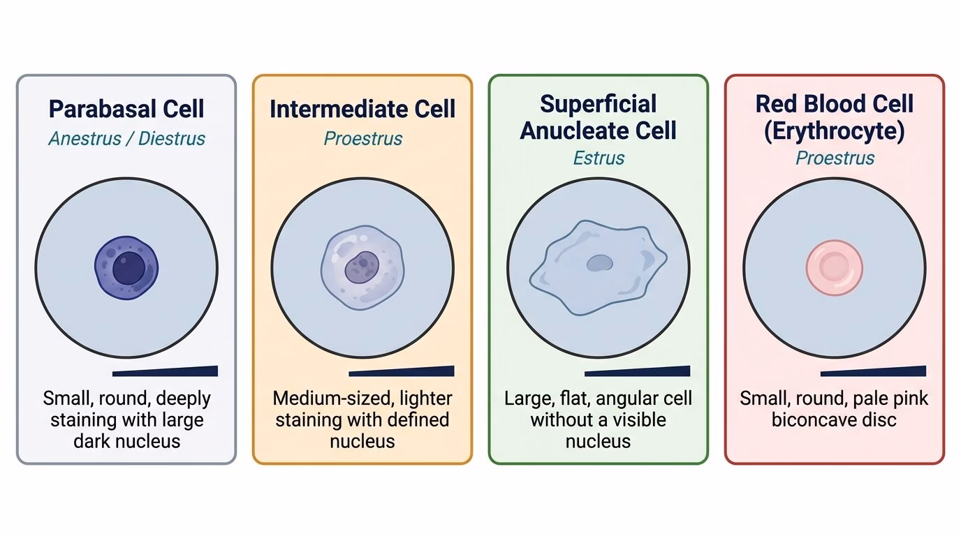 Four-panel illustrated reference guide showing the microscopic appearance of the four vaginal cytology cell types in the canine estrous cycle: parabasal cells (small, round, large nucleus), intermediate cells (medium, defined nucleus), superficial anucleate cells (large, flat, no nucleus), and red blood cells (small biconcave discs).