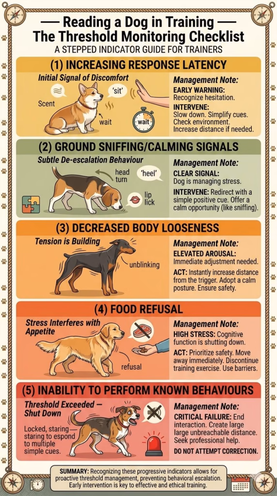 Understanding Dog Communication. Five-level training threshold monitoring checklist from increased latency to food refusal