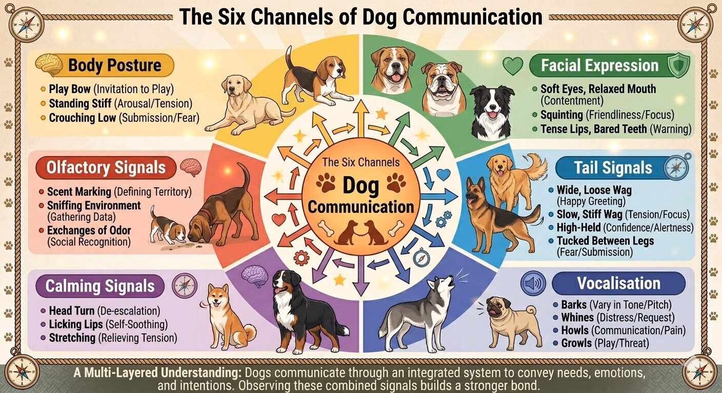 Understanding Dog Communication. Diagram showing six primary channels of dog communication including olfactory signals and calming behaviours.