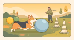 Corgi Truly Unique. Scene panel showing Pembroke Welsh Corgi engaging in treibball as herding outlet .