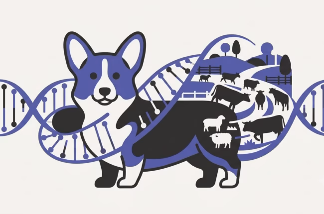 Corgi Truly Unique. Flat illustration of Pembroke Welsh Corgi with DNA helix and cattle herding scene, violet-blue palette.