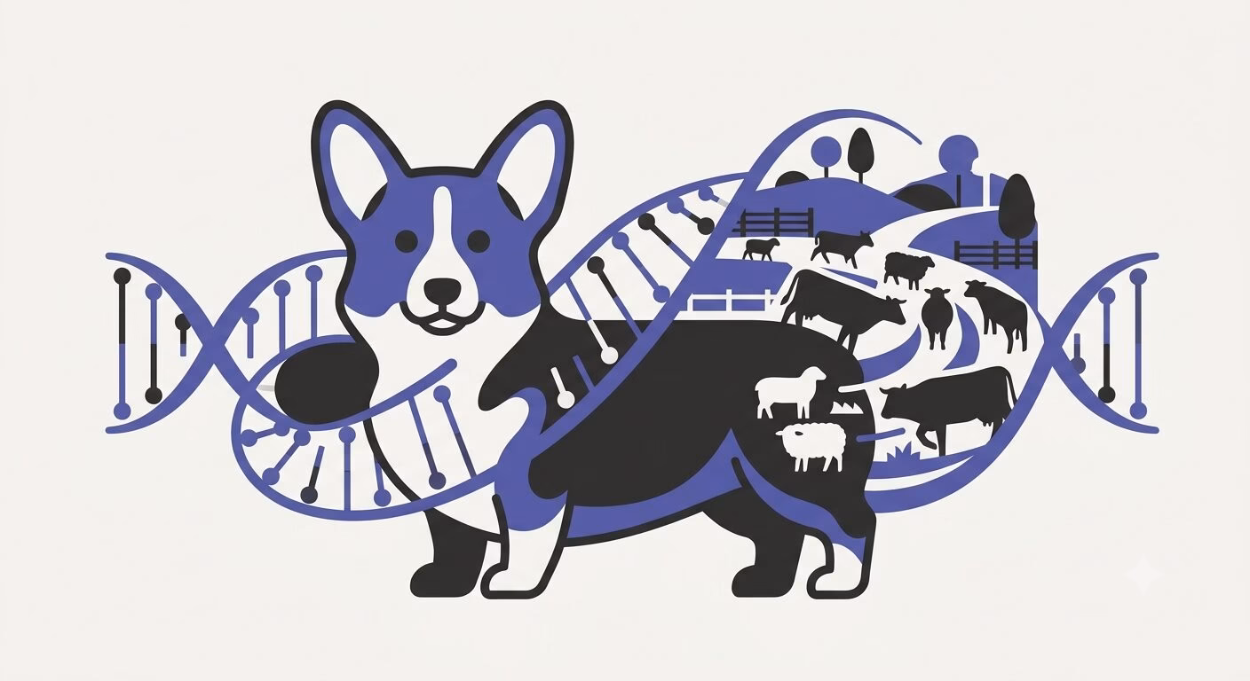 Corgi Truly Unique. Flat illustration of Pembroke Welsh Corgi with DNA helix and cattle herding scene, violet-blue palette.