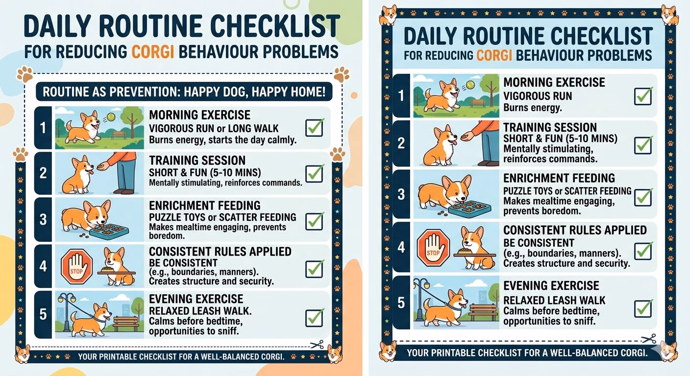 Corgi Behaviour Problems and Solutions. Daily corgi routine checklist showing exercise, training, and enrichment tasks for behaviour management.