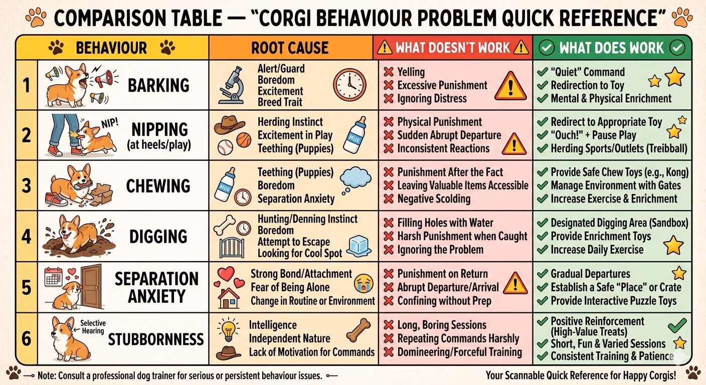 Corgi Behaviour Problems and Solutions. Comparison table of common corgi behaviour problems with root causes and correction methods.