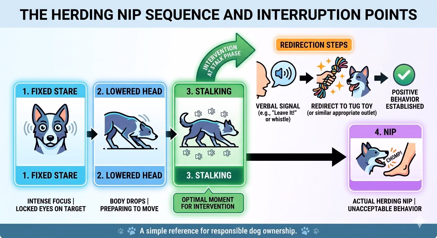 Corgi Behaviour Problems and Solutions. Flow diagram showing the corgi herding nip sequence and the optimal interruption point.