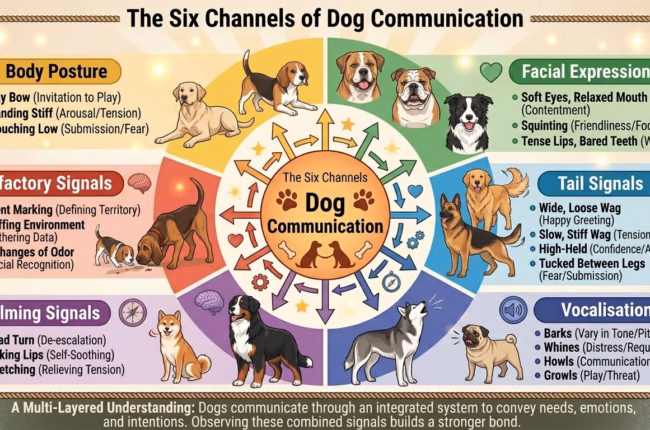 Understanding Dog Diagram showing six primary channels of dog communication including olfactory signals and calming behaviours .Communication